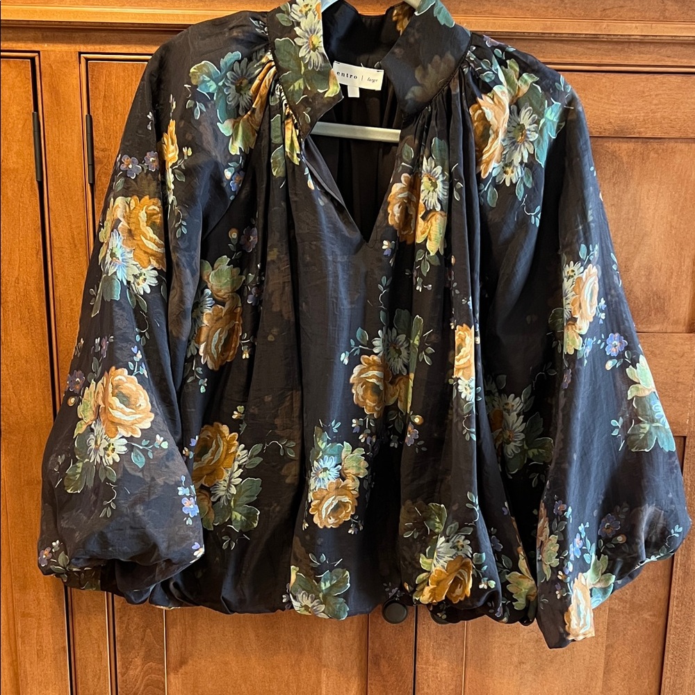 entro Black Floral Button-Front Blouse with Mustard & Teal Accents